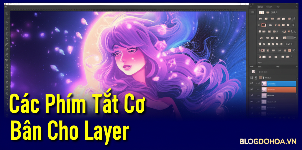 Create a vivid and engaging illustration for the topic: 'Các Phím Tắt Cơ Bản Cho Layer'. Do not create any text on the image except for the text 'BLOGDOHOA.VN' in the right corner of the image.