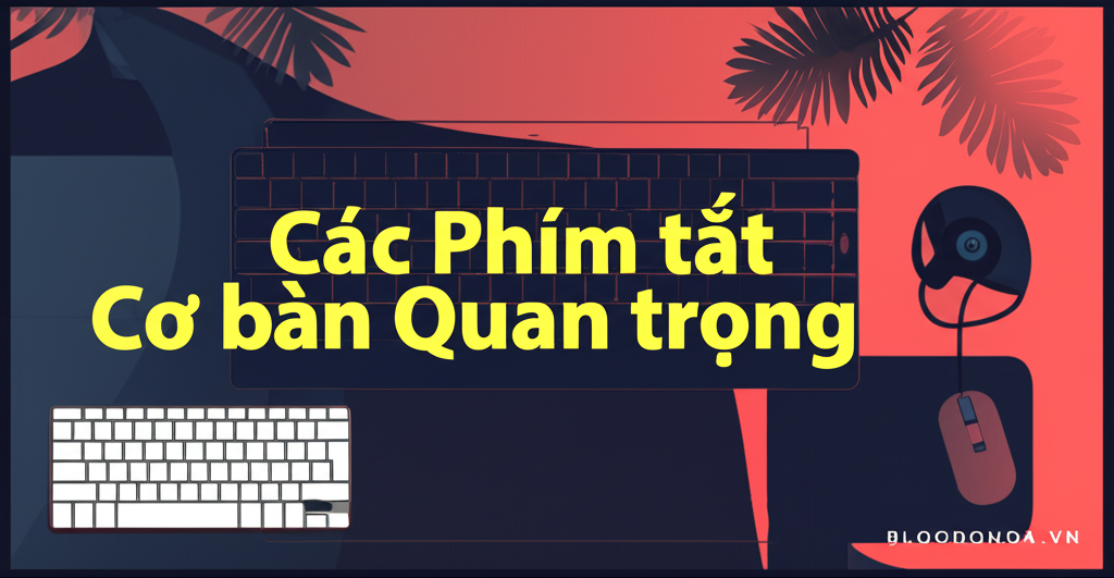 Create a vivid and engaging illustration for the topic: 'Các Phím tắt Cơ bản Quan trọng'. Do not create any text on the image except for the text 'BLOGDOHOA.VN' in the right corner of the image.