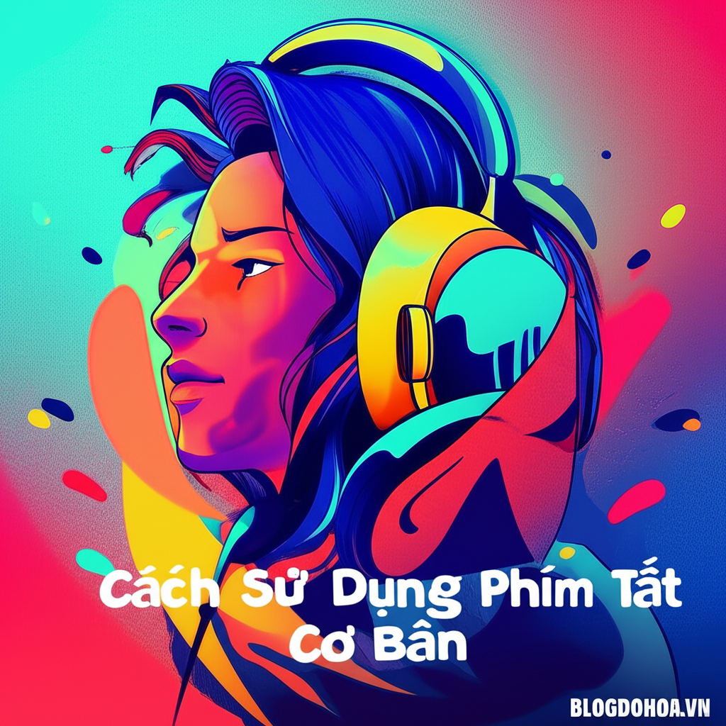 Create a vivid and engaging illustration for the topic: 'Cách Sử Dụng Phím Tắt Cơ Bản'. Do not create any text on the image except for the text 'BLOGDOHOA.VN' in the right corner of the image.