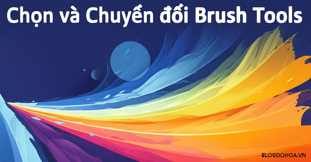 Create a vivid and engaging illustration for the topic: 'Chọn và Chuyển đổi Brush Tools'. Do not create any text on the image except for the text 'BLOGDOHOA.VN' in the right corner of the image.