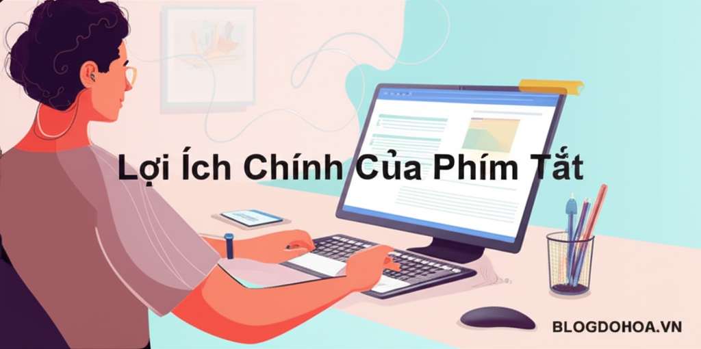 Create a vivid and engaging illustration for the topic: 'Lợi Ích Chính Của Phím Tắt'. Do not create any text on the image except for the text 'BLOGDOHOA.VN' in the right corner of the image.