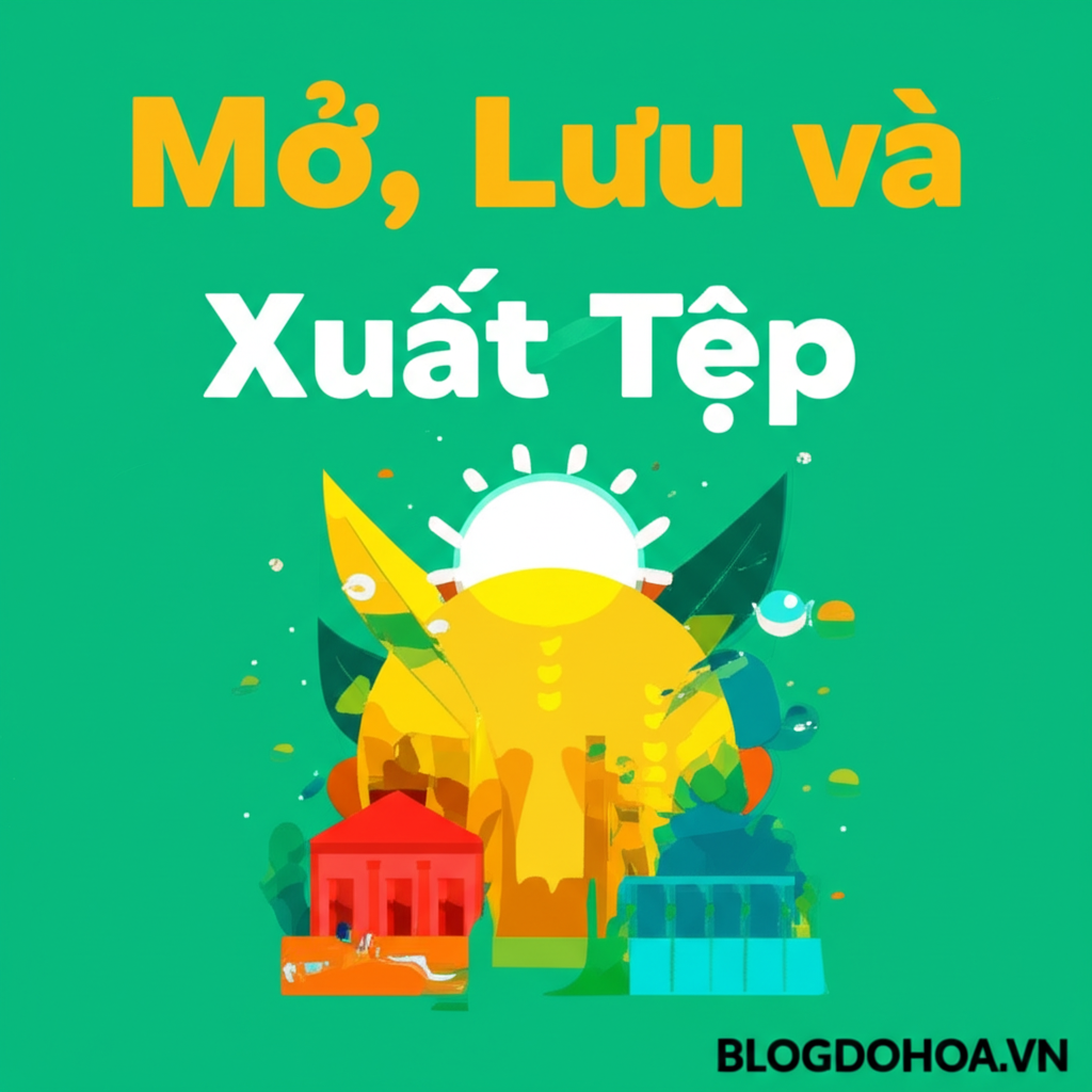 Create a vivid and engaging illustration for the topic: 'Mở, Lưu và Xuất Tệp'. Do not create any text on the image except for the text 'BLOGDOHOA.VN' in the right corner of the image.