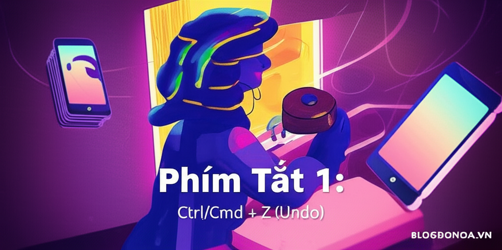 Create a vivid and engaging illustration for the topic: 'Phím Tắt 1: Ctrl/Cmd + Z (Undo)'. Do not create any text on the image except for the text 'BLOGDOHOA.VN' in the right corner of the image.