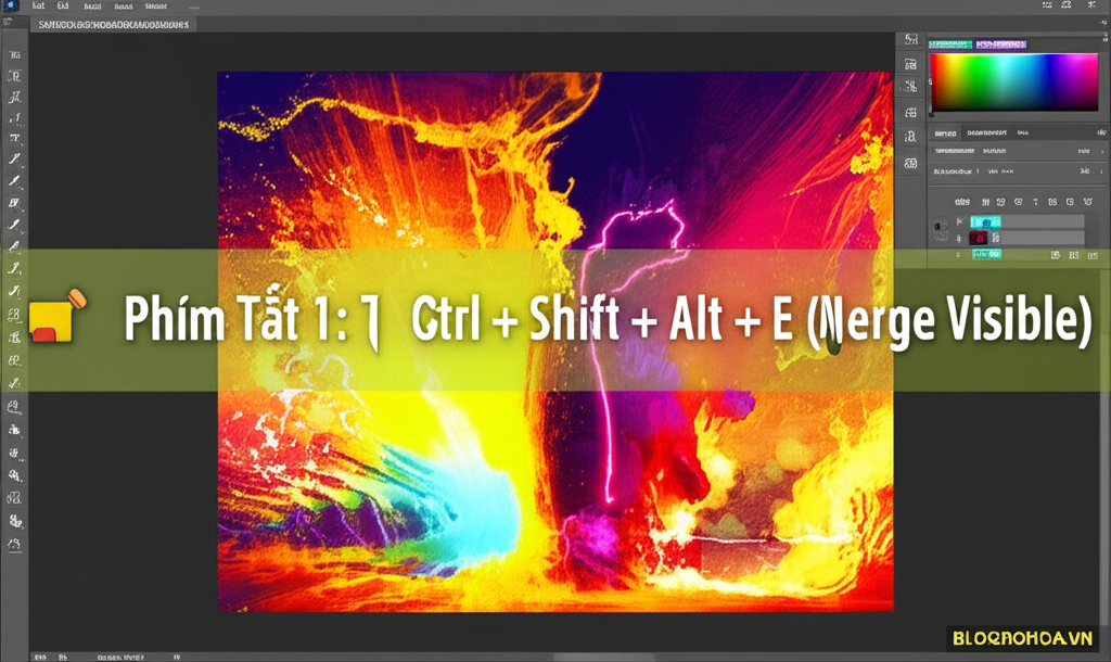 Create a vivid and engaging illustration for the topic: 'Phím Tắt 1: Ctrl + Shift + Alt + E (Merge Visible)'. Do not create any text on the image except for the text 'BLOGDOHOA.VN' in the right corner of the image.