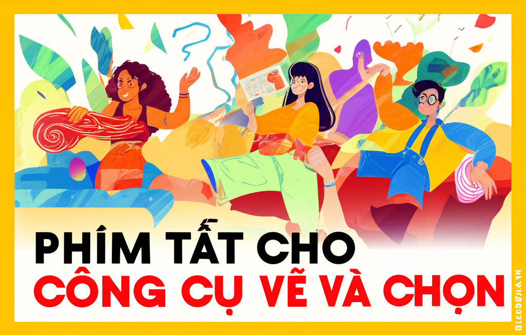 Create a vivid and engaging illustration for the topic: 'Phím tắt cho Công cụ Vẽ và Chọn'. Do not create any text on the image except for the text 'BLOGDOHOA.VN' in the right corner of the image.