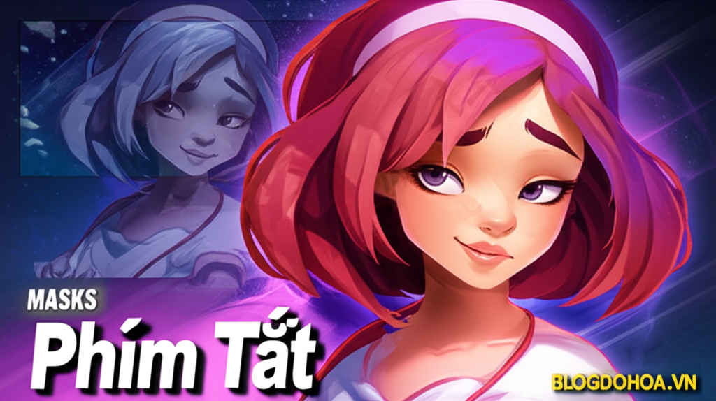 Create a vivid and engaging illustration for the topic: 'Phím tắt cho Masks'. Do not create any text on the image except for the text 'BLOGDOHOA.VN' in the right corner of the image.