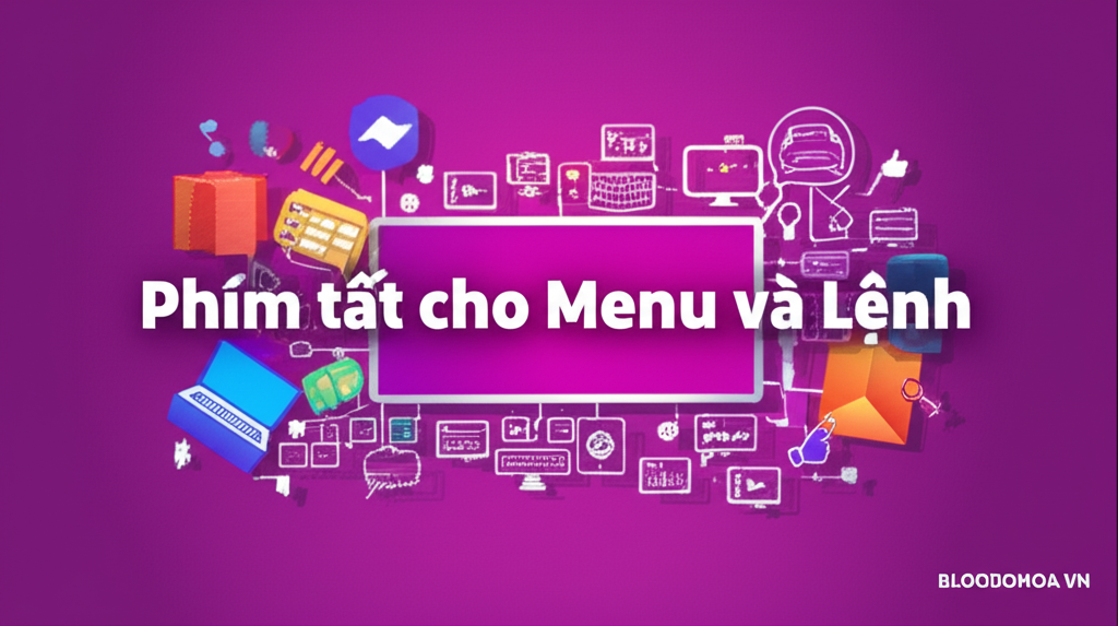 Create a vivid and engaging illustration for the topic: 'Phím tắt cho Menu và Lệnh'. Do not create any text on the image except for the text 'BLOGDOHOA.VN' in the right corner of the image.