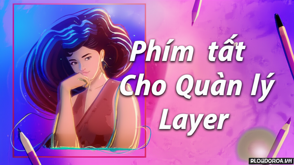 Create a vivid and engaging illustration for the topic: 'Phím tắt Cho Quản lý Layer'. Do not create any text on the image except for the text 'BLOGDOHOA.VN' in the right corner of the image.