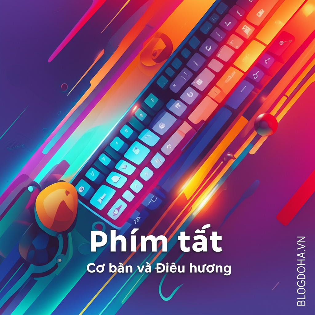 Create a vivid and engaging illustration for the topic: 'Phím tắt Cơ bản và Điều hướng'. Do not create any text on the image except for the text 'BLOGDOHOA.VN' in the right corner of the image.