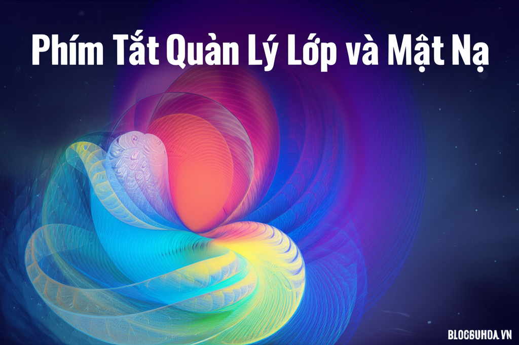 Create a vivid and engaging illustration for the topic: 'Phím Tắt Quản Lý Lớp và Mặt Nạ'. Do not create any text on the image except for the text 'BLOGDOHOA.VN' in the right corner of the image.