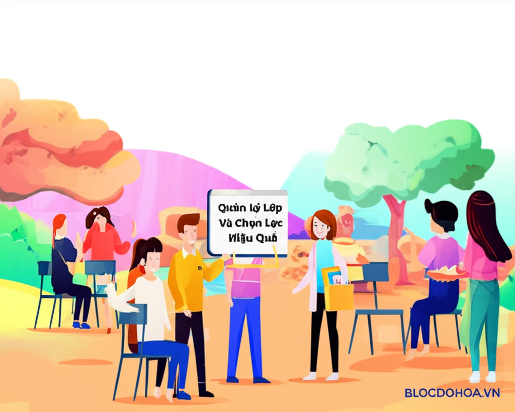 Create a vivid and engaging illustration for the topic: 'Quản Lý Lớp Và Chọn Lọc Hiệu Quả'. Do not create any text on the image except for the text 'BLOGDOHOA.VN' in the right corner of the image.