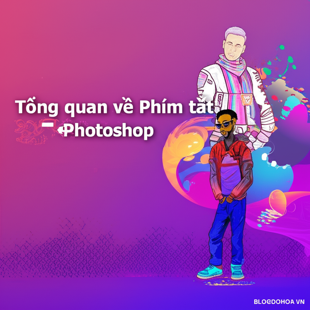 Create a vivid and engaging illustration for the topic: 'Tổng quan về Phím tắt Photoshop'. Do not create any text on the image except for the text 'BLOGDOHOA.VN' in the right corner of the image.